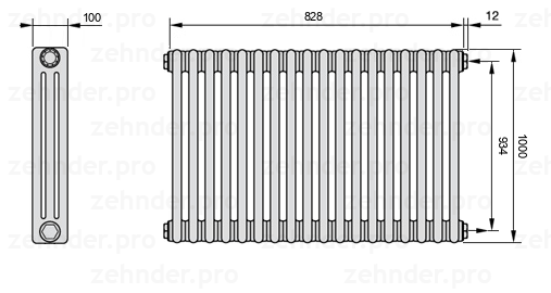 Схема (чертеж) Радиатор Zehnder Charleston 3100/18 №7610 Белый глянцевый RAL 9016